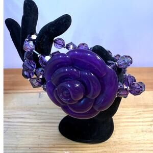 Purple Rose Statement Bracelet Multi Strand Faceted Beaded Chunky Floral